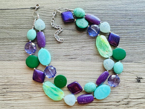 Bahama Seascape Statement Necklace, Silver green seafoam purple necklace, beaded chunky bib necklace, colorful island jewelry hunter