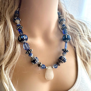 Royal Blue Single Strand Statement Necklace, Chunky Royal Blue Jasper Beaded Bib Jewelry, blue jewelry, dark blue jewlery necklace silver