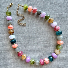 Load image into Gallery viewer, Rainbow Candy Statement Necklace, resin chunky multi-strand jewelry, olive green purple blue necklace, single strand gold necklace thick