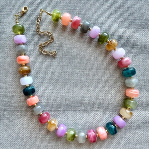 Rainbow Candy Statement Necklace, resin chunky multi-strand jewelry, olive green purple blue necklace, single strand gold necklace thick