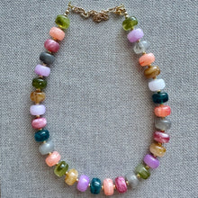 Load image into Gallery viewer, Rainbow Candy Statement Necklace, resin chunky multi-strand jewelry, olive green purple blue necklace, single strand gold necklace thick