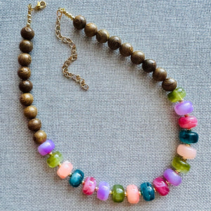 Natural wood + Rainbow Necklace, single strand jewelry, big beaded chunky statement drop bridesmaid wedding champagne geometric resin