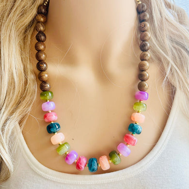 Natural wood + Rainbow Necklace, single strand jewelry, big beaded chunky statement drop bridesmaid wedding champagne geometric resin