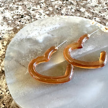 Load image into Gallery viewer, Creamy Tortoise Shell Swirl Geometric Open Heart Hoop earrings set jewelry, acrylic hoops statement resin Valentine fall, dark brown