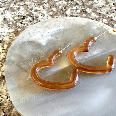 Creamy Tortoise Shell Swirl Geometric Open Heart Hoop earrings set jewelry, acrylic hoops statement resin Valentine fall, dark brown