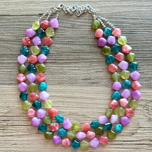 Rainbow Necklace, 3 Strand Statement Jewelry, Colorful Chunky bib bridesmaid or everyday bubble jewelry, acrylic beaded resin bead