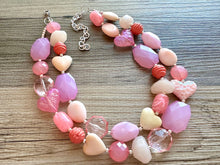 Load image into Gallery viewer, Golden Pink Hour Statement Necklace, chunky bib beaded jewelry, colorful jewelry, hot pink white cream flower, beaded jewelry rose