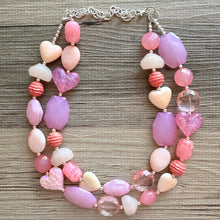 Load image into Gallery viewer, Golden Pink Hour Statement Necklace, chunky bib beaded jewelry, colorful jewelry, hot pink white cream flower, beaded jewelry rose