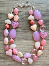 Load image into Gallery viewer, Golden Pink Hour Statement Necklace, chunky bib beaded jewelry, colorful jewelry, hot pink white cream flower, beaded jewelry rose