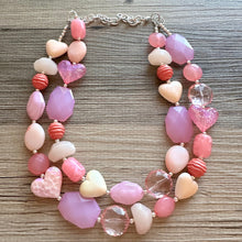 Load image into Gallery viewer, Golden Pink Hour Statement Necklace, chunky bib beaded jewelry, colorful jewelry, hot pink white cream flower, beaded jewelry rose