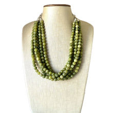 Load image into Gallery viewer, Genuine Green Peridot Statement Necklace, Chunky 5 Strand Jewelry, silver necklace, thick collar beaded bib glass metal olive gemstone