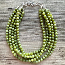 Load image into Gallery viewer, Genuine Green Peridot Statement Necklace, Chunky 5 Strand Jewelry, silver necklace, thick collar beaded bib glass metal olive gemstone