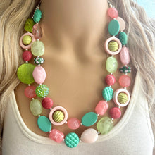 Load image into Gallery viewer, Spring Pastel Chunky Statement Necklace, multi Strand Beaded Jewelry, green pink jewelry, spring necklace Easter statement mint hot pink