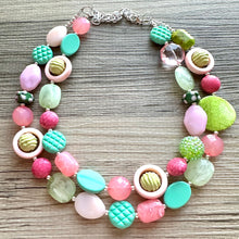 Load image into Gallery viewer, Spring Pastel Chunky Statement Necklace, multi Strand Beaded Jewelry, green pink jewelry, spring necklace Easter statement mint hot pink