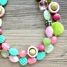 Load image into Gallery viewer, Spring Pastel Chunky Statement Necklace, multi Strand Beaded Jewelry, green pink jewelry, spring necklace Easter statement mint hot pink