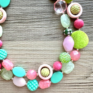 Spring Pastel Chunky Statement Necklace, multi Strand Beaded Jewelry, green pink jewelry, spring necklace Easter statement mint hot pink