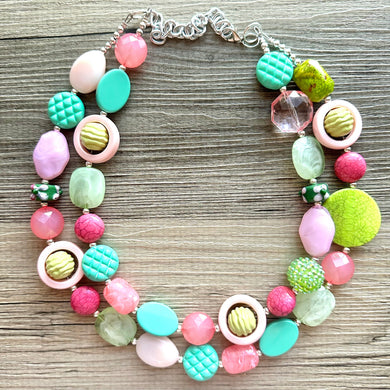 Spring Pastel Chunky Statement Necklace, multi Strand Beaded Jewelry, green pink jewelry, spring necklace Easter statement mint hot pink