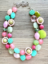 Load image into Gallery viewer, Spring Pastel Chunky Statement Necklace, multi Strand Beaded Jewelry, green pink jewelry, spring necklace Easter statement mint hot pink