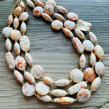 Load image into Gallery viewer, Orange Tie Dye Big Bead Necklace, 3 Strand Statement Jewelry, Orange Chunky bib bridesmaid or everyday jewelry cream white tangerine