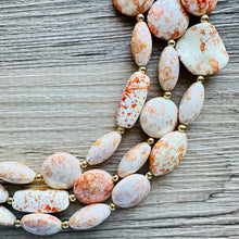 Load image into Gallery viewer, Orange Tie Dye Big Bead Necklace, 3 Strand Statement Jewelry, Orange Chunky bib bridesmaid or everyday jewelry cream white tangerine