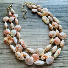 Load image into Gallery viewer, Orange Tie Dye Big Bead Necklace, 3 Strand Statement Jewelry, Orange Chunky bib bridesmaid or everyday jewelry cream white tangerine