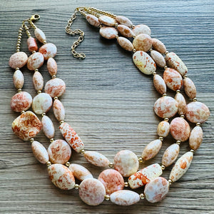 Orange Tie Dye Big Bead Necklace, 3 Strand Statement Jewelry, Orange Chunky bib bridesmaid or everyday jewelry cream white tangerine