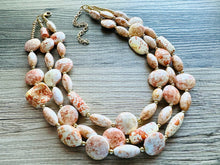 Load image into Gallery viewer, Orange Tie Dye Big Bead Necklace, 3 Strand Statement Jewelry, Orange Chunky bib bridesmaid or everyday jewelry cream white tangerine