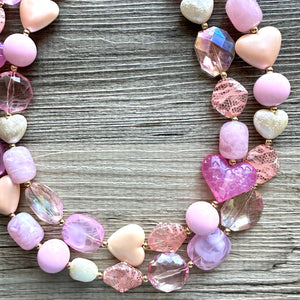 Lover Necklace Pink Statement, chunky bib beaded jewelry, coral vacation gold Valentine blush hot pink, thick collar bib resin geometric