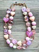 Load image into Gallery viewer, Lover Necklace Pink Statement, chunky bib beaded jewelry, coral vacation gold Valentine blush hot pink, thick collar bib resin geometric