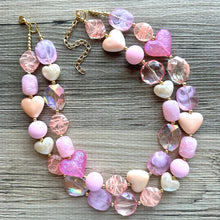 Load image into Gallery viewer, Lover Necklace Pink Statement, chunky bib beaded jewelry, coral vacation gold Valentine blush hot pink, thick collar bib resin geometric