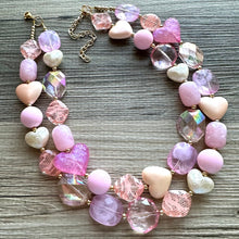 Load image into Gallery viewer, Lover Necklace Pink Statement, chunky bib beaded jewelry, coral vacation gold Valentine blush hot pink, thick collar bib resin geometric