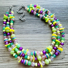 Load image into Gallery viewer, Spring Storm Green &amp; Purple Necklace, multi strand colorful jewelry, big beaded chunky statement set necklace bubble yellow lime mint