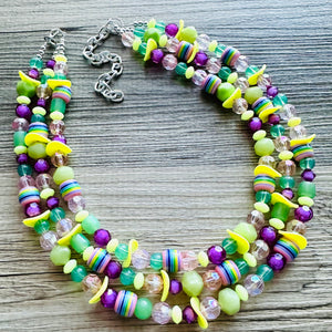 Spring Storm Green & Purple Necklace, multi strand colorful jewelry, big beaded chunky statement set necklace bubble yellow lime mint