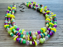 Load image into Gallery viewer, Spring Storm Green &amp; Purple Necklace, multi strand colorful jewelry, big beaded chunky statement set necklace bubble yellow lime mint