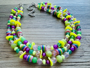 Spring Storm Green & Purple Necklace, multi strand colorful jewelry, big beaded chunky statement set necklace bubble yellow lime mint