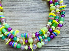 Load image into Gallery viewer, Spring Storm Green &amp; Purple Necklace, multi strand colorful jewelry, big beaded chunky statement set necklace bubble yellow lime mint