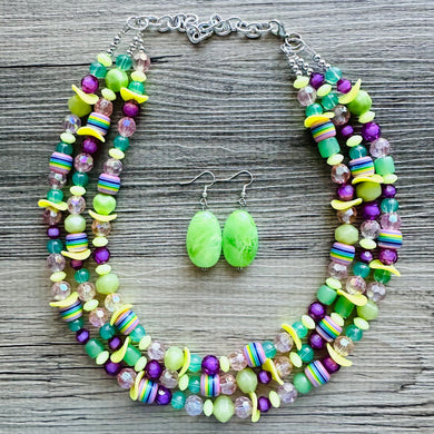 Spring Storm Green & Purple Necklace, multi strand colorful jewelry, big beaded chunky statement set necklace bubble yellow lime mint