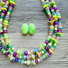 Load image into Gallery viewer, Spring Storm Green &amp; Purple Necklace, multi strand colorful jewelry, big beaded chunky statement set necklace bubble yellow lime mint