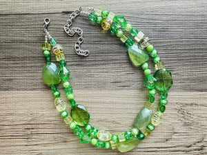 Lime & Forest Green Chunky Statement Necklace, green beaded necklace, bubble jewelry, multi color jewelry multi strand necklace, bib chunky