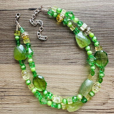 Lime & Forest Green Chunky Statement Necklace, green beaded necklace, bubble jewelry, multi color jewelry multi strand necklace, bib chunky