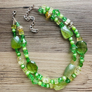 Lime & Forest Green Chunky Statement Necklace, green beaded necklace, bubble jewelry, multi color jewelry multi strand necklace, bib chunky