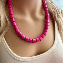 Load image into Gallery viewer, Hot Pink Pink Chunky Statement Necklace, 1 Strand Beaded Jewelry, Pink jewelry, tube bead layering bib dark pink drop earrings