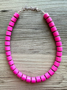 Hot Pink Pink Chunky Statement Necklace, 1 Strand Beaded Jewelry, Pink jewelry, tube bead layering bib dark pink drop earrings