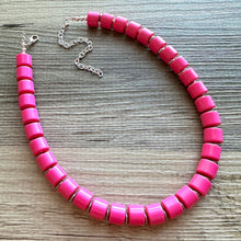 Load image into Gallery viewer, Hot Pink Pink Chunky Statement Necklace, 1 Strand Beaded Jewelry, Pink jewelry, tube bead layering bib dark pink drop earrings