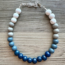 Load image into Gallery viewer, Ombré White Blue Single Layer Statement Necklace, Chunky Blue jewel tones Jewelry, wood beaded thick bib necklace gray navy blue