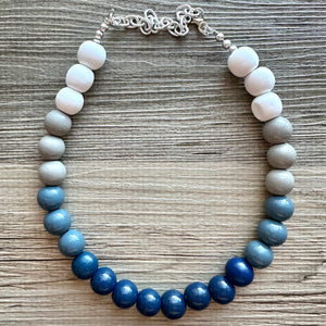 Ombré White Blue Single Layer Statement Necklace, Chunky Blue jewel tones Jewelry, wood beaded thick bib necklace gray navy blue