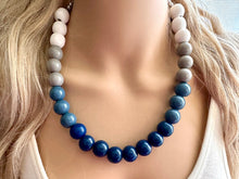 Load image into Gallery viewer, Ombré White Blue Single Layer Statement Necklace, Chunky Blue jewel tones Jewelry, wood beaded thick bib necklace gray navy blue