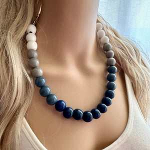 Ombré White Blue Single Layer Statement Necklace, Chunky Blue jewel tones Jewelry, wood beaded thick bib necklace gray navy blue