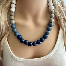 Load image into Gallery viewer, Ombré White Blue Single Layer Statement Necklace, Chunky Blue jewel tones Jewelry, wood beaded thick bib necklace gray navy blue