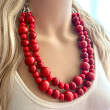 Load image into Gallery viewer, Bubble Red Wood Beaded Necklace, Colorful Jewelry, Chunky wooden statement, big beaded necklace, birthday 2 strand thick collar beads